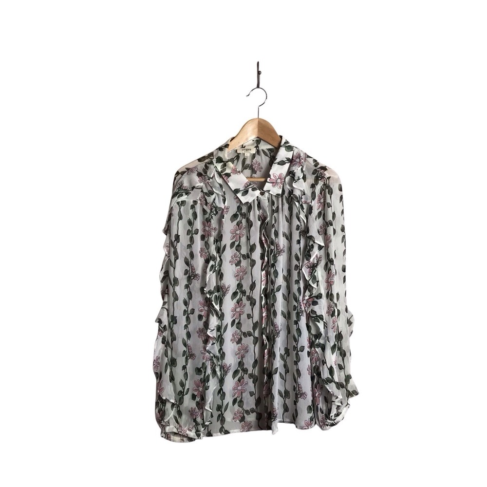 Umgee Large Floral Semi Sheer Ruffle Button Front Shirt Cottagecore Romantic